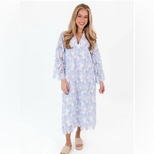 NWT J Marie Maggie Lace Midi Dress Blue White Floral V-Neck Size S